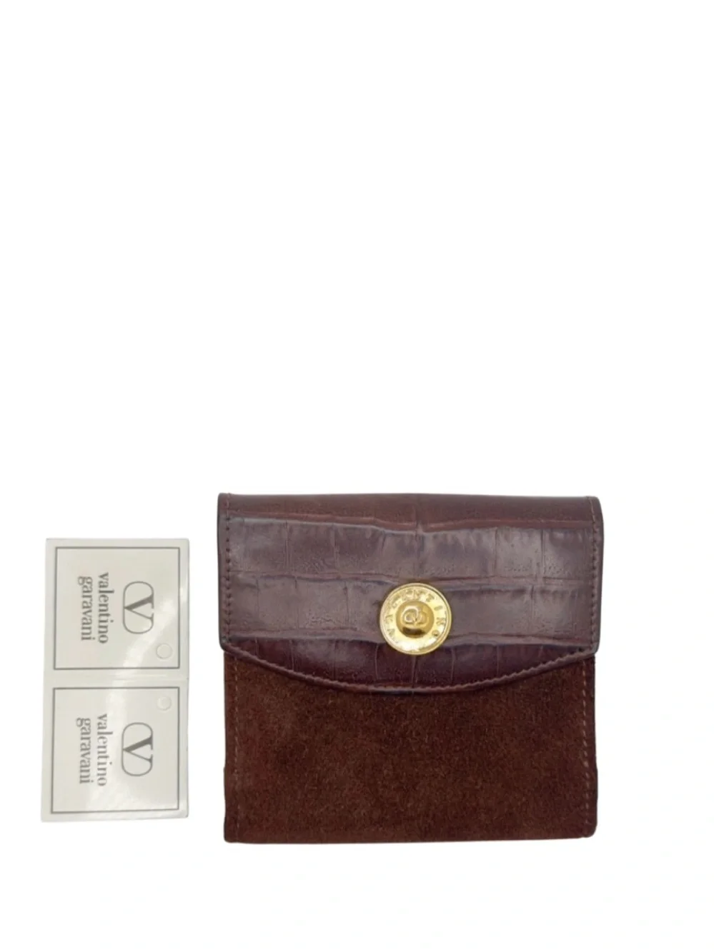VALENTINO GARAVANI- BURGUNDY BROWN GOLD SUEDE LEATHER COMPACT BIFOLD SNAP WALLET